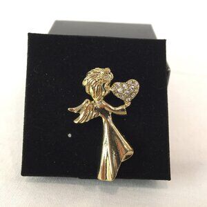 New Angel Pin Gold Coloured With Heart With White Gems Avon Original Box 1.25 "